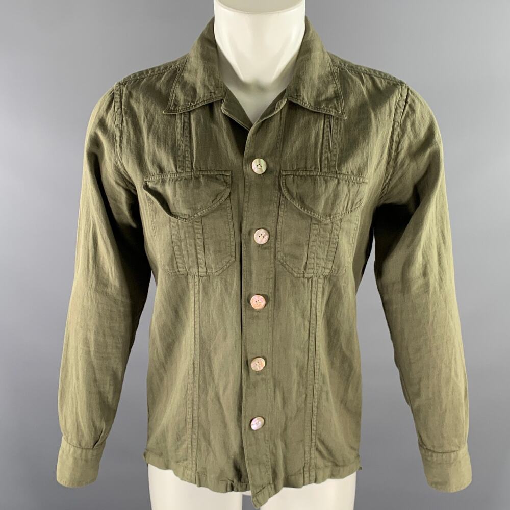 ELEVENTY Size S Green Olive Cotton Blend Camp Long Sleeve Shirt